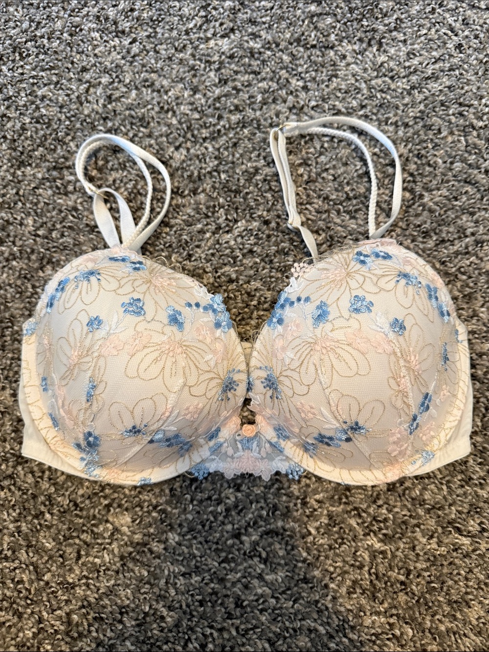 Victoria's Secret Ivory Lace Push-Up Bra with Blue Floral Embroidery